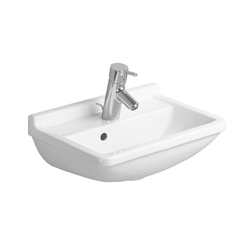 Immagine di Duravit STARCK 3 lavamani 45 cm con un foro diaframmato per rubinetteria, con troppopieno, con bordo per rubinetteria, lato inferiore smaltato, colore bianco 0750450010