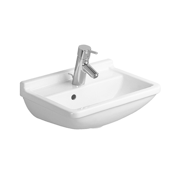 Immagine di Duravit STARCK 3 lavamani 45 cm con un foro diaframmato per rubinetteria, con troppopieno, con bordo per rubinetteria, lato inferiore smaltato, WonderGliss, colore bianco 07504500101
