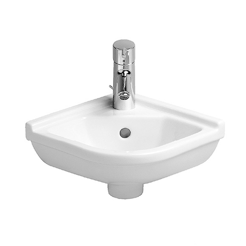 Immagine di Duravit STARCK 3 lavamani d'angolo 43 cm monoforo, con troppopieno, con bordo per rubinetteria, lato inferiore smaltato, WonderGliss, colore bianco 07524400001