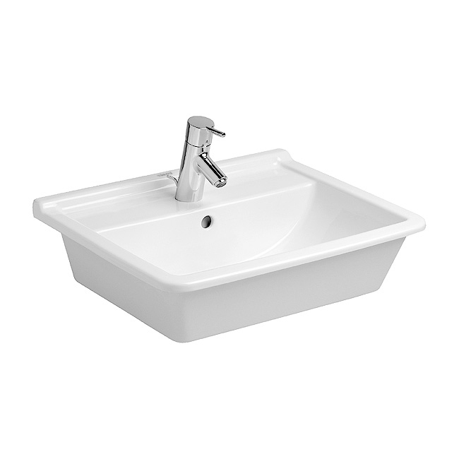 Immagine di Duravit STARCK 3 lavabo da incasso 56 cm monoforo, per incasso soprapiano, con troppopieno, con bordo per rubinetteria, WonderGliss, colore bianco 03025600001