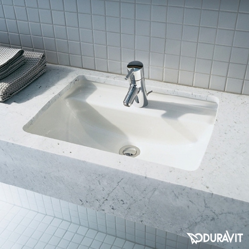 Immagine di Duravit STARCK 3 lavabo da incasso 49 cm monoforo, per incasso sottopiano, con troppopieno e con bordo per rubinetteria, colore bianco 0302490000