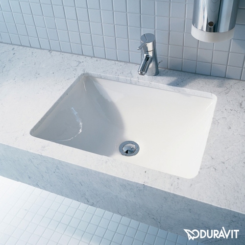 Immagine di Duravit STARCK 3 lavabo da incasso 49 cm senza foro per rubinetteria, per incasso sottopiano, con troppopieno, senza bordo per rubinetteria, colore bianco 0305490000
