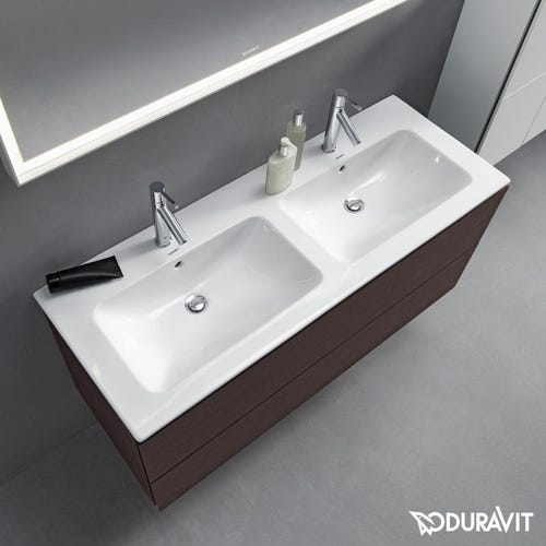 Immagine di Duravit ME BY STARCK lavabo consolle doppio 130 cm monoforo, con troppopieno, con bordo per rubinetteria, WonderGliss, colore bianco finitura opaco 23361332001