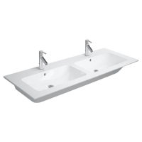 Immagine di Duravit ME BY STARCK lavabo consolle doppio 130 cm monoforo, con troppopieno, con bordo per rubinetteria, WonderGliss, colore bianco finitura opaco 23361332001
