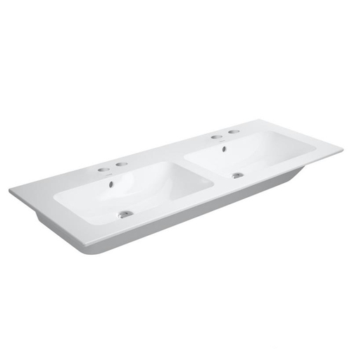 Immagine di Duravit ME BY STARCK lavabo consolle doppio 130 cm con 2 fori per rubinetteria, con troppopieno, con bordo per rubinetteria, colore bianco 2336130058