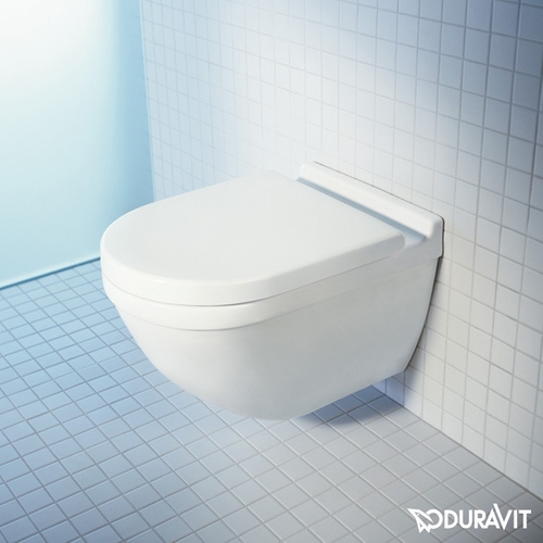 Immagine di Duravit STARCK 3 set vaso sospeso Rimless® a cacciata e sedile con coperchio, colore bianco 45270900A1