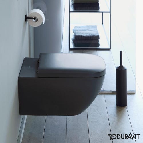 Immagine di Duravit HAPPY D.2 vaso sospeso Rimless®, a cacciata, senza brida e senza sedile, fabbisogno di acqua di risciacquo 4,5 l, UWL classe 1, WonderGliss, colore antracite finitura opaco 22220989001