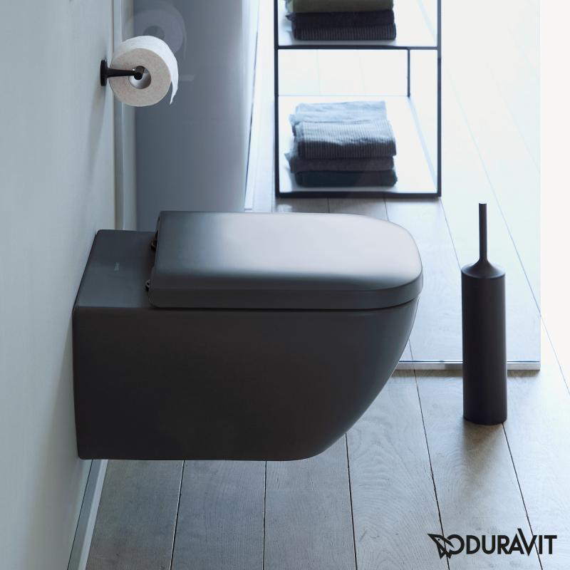 Immagine di Duravit HAPPY D.2 vaso sospeso Rimless®, a cacciata, senza brida e senza sedile, fabbisogno di acqua di risciacquo 4,5 l, UWL classe 1, WonderGliss, colore antracite finitura opaco 22220989001