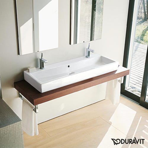 Immagine di Duravit VERO lavabo rettificato 120 cm, con due fori per due rubinetterie monocomando, con troppopieno, colore bianco 0454120026