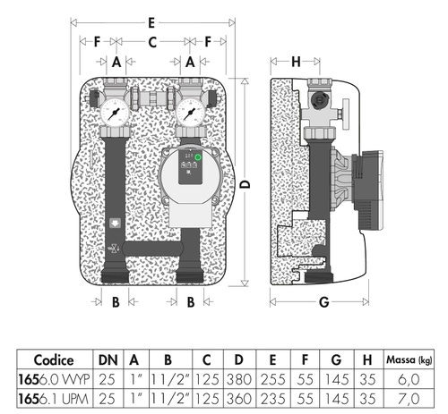 Immagine di Caleffi gruppo di distribuzione diretta per impianti di riscaldamento e condizionamento con pompa PARA 25/7, Interasse 125 mm (Flusso verso l’alto, mandata lato SX  - Flusso verso il basso, mandata lato DX) 165650WYP
