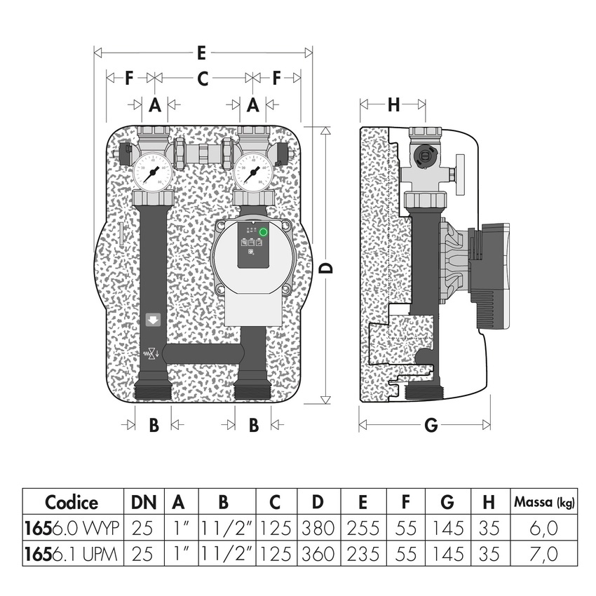 Immagine di Caleffi gruppo di distribuzione diretta per impianti di riscaldamento e condizionamento con pompa PARA 25/7, Interasse 125 mm (Flusso verso l’alto, mandata lato SX  - Flusso verso il basso, mandata lato DX) 165650WYP
