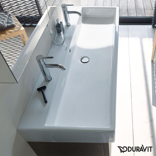 Immagine di Duravit VERO AIR lavabo consolle 120 cm, monoforo per doppia rubinetteria, con troppopieno, con bordo per rubinetteria, lato inferiore smaltato, colore bianco 2350120024