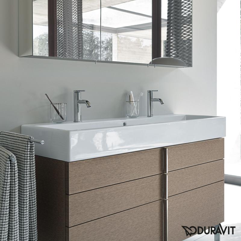 Immagine di Duravit VERO AIR lavabo consolle 120 cm, monoforo per doppia rubinetteria, con troppopieno, con bordo per rubinetteria, lato inferiore smaltato, colore bianco 2350120024