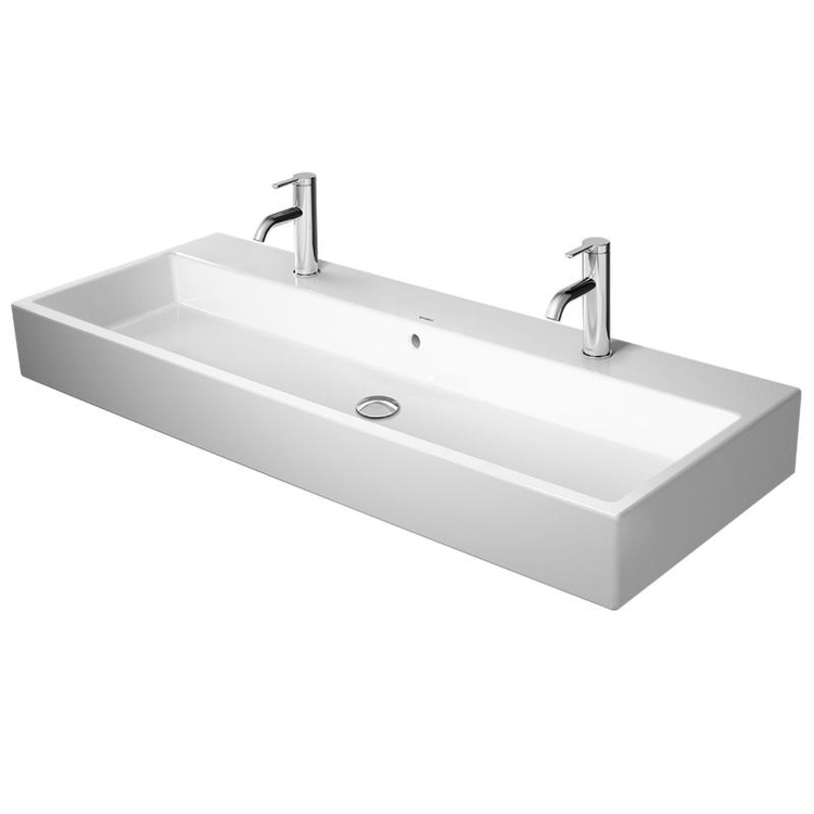 Immagine di Duravit VERO AIR lavabo consolle 120 cm, monoforo per doppia rubinetteria, con troppopieno, con bordo per rubinetteria, lato inferiore smaltato, colore bianco 2350120024