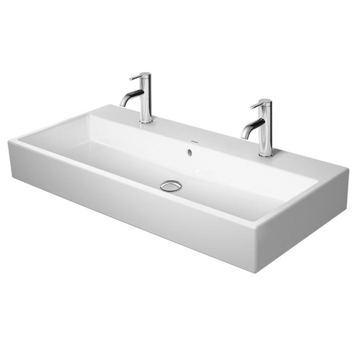 Immagine di Duravit VERO AIR lavabo consolle 100 cm, monoforo per doppia rubinetteria, con troppopieno, con bordo per rubinetteria, lato inferiore smaltato, WonderGliss, colore bianco 23501000241