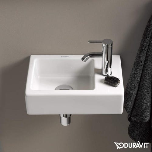 Immagine di Duravit VERO AIR lavamani consolle 38 cm, foro per rubinetteria a destra, senza troppopieno, con bordo per rubinetteria, lato inferiore smaltato, colore bianco 0724380000