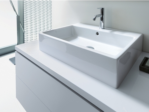 Immagine di Duravit VERO AIR bacinella da appoggio soprapiano 60 cm, senza foro per rubinetteria, con rettifica, con troppopieno, con bordo per rubinetteria, parte posteriore smaltata, WonderGliss, colore bianco 23526000601