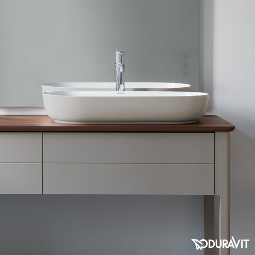 Immagine di Duravit LUV bacinella da appoggio soprapiano 80 cm, con rettifica, senza troppopieno, interno bianco, esterno colore sabbia finitura opaco 0379802100