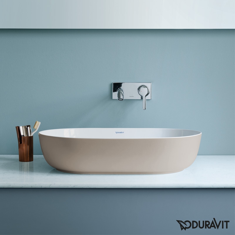 Immagine di Duravit LUV bacinella da appoggio soprapiano 50 cm, con rettifica, senza troppopieno, WonderGliss, interno colore bianco, esterno colore sabbia finitura opaco 03795021001
