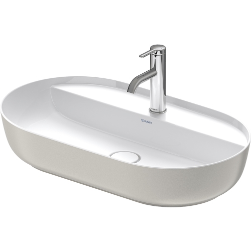 Immagine di Duravit LUV bacinella da appoggio soprapiano 70 cm, monoforo, con rettifica, senza troppopieno, con bordo per rubinetteria, interno colore bianco, esterno colore grigio finitura opaco 0380702300