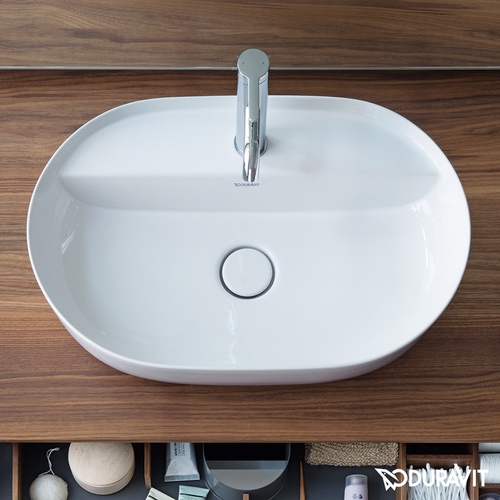 Immagine di Duravit LUV bacinella da appoggio soprapiano 50 cm, monoforo, con rettifica, senza troppopieno, con bordo per rubinetteria, interno colore bianco, esterno colore bianco finitura opaco 0380602600
