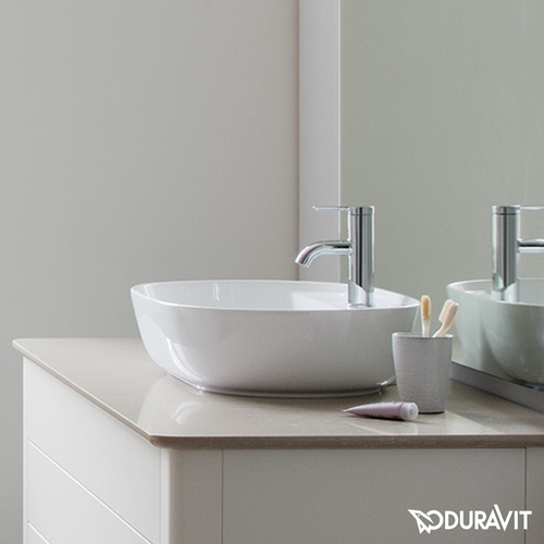 Immagine di Duravit LUV bacinella da appoggio soprapiano 50 cm, monoforo, con rettifica, senza troppopieno, con bordo per rubinetteria, interno colore bianco, esterno colore bianco finitura opaco 0380602600
