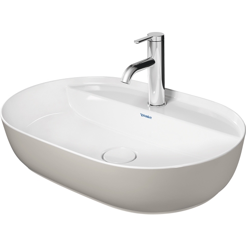 Immagine di Duravit LUV bacinella da appoggio soprapiano 50 cm, monoforo, con rettifica, senza troppopieno, con bordo per rubinetteria, WonderGliss, interno colore bianco, esterno colore sabbia finitura opaco 03806021001