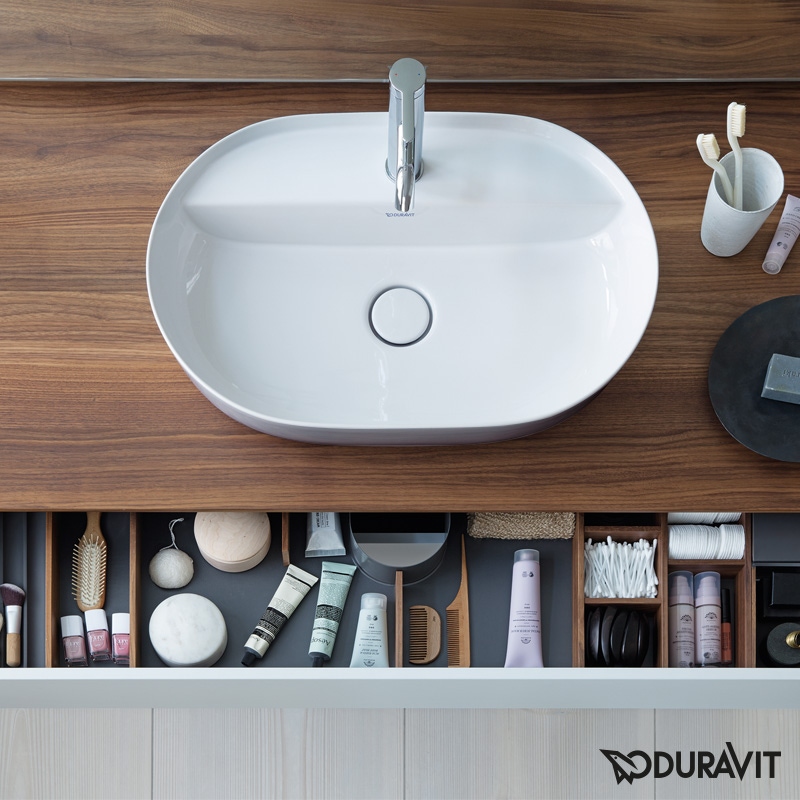 Immagine di Duravit LUV bacinella da appoggio soprapiano 50 cm, monoforo, con rettifica, senza troppopieno, con bordo per rubinetteria, interno colore bianco, esterno colore grigio finitura opaco 0380602300