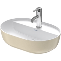 Immagine di Duravit LUV bacinella da appoggio soprapiano 50 cm, monoforo, con rettifica, senza troppopieno, con bordo per rubinetteria, interno colore bianco, esterno colore sabbia finitura opaco 0380502100