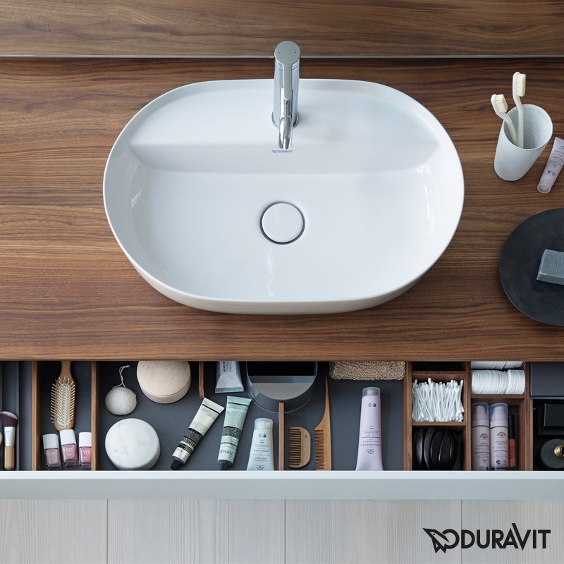 Immagine di Duravit LUV bacinella da appoggio soprapiano 50 cm, monoforo, con rettifica, senza troppopieno, con bordo per rubinetteria, interno colore bianco, esterno colore sabbia finitura opaco 0380502100