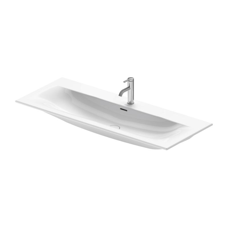 Immagine di Duravit VIU lavabo consolle 123 cm, monoforo, con troppopieno, con bordo per rubinetteria, lato inferiore smaltato, WonderGliss, colore bianco 23441200001