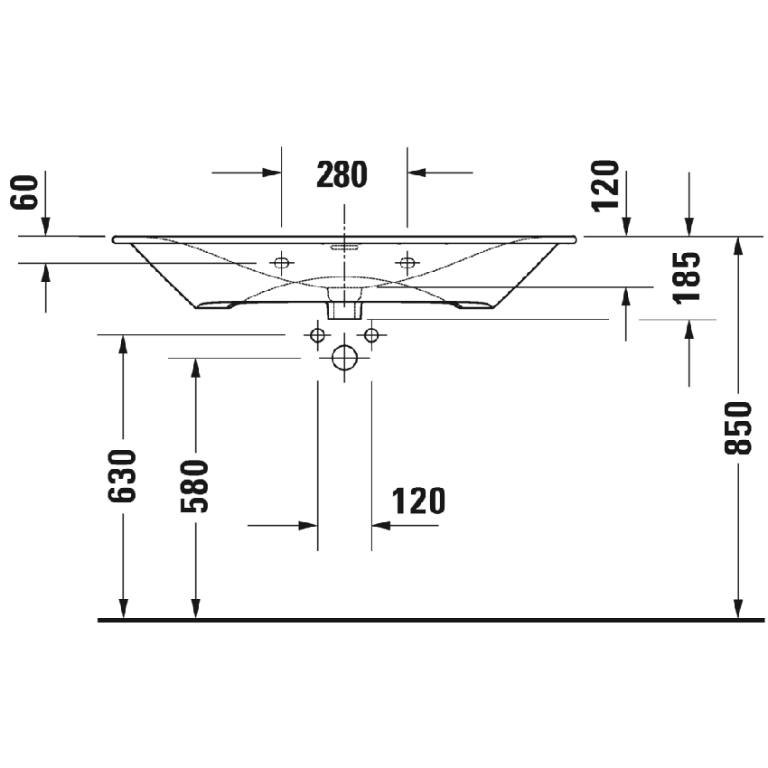 Immagine di Duravit VIU lavabo consolle 103 cm, monoforo, con troppopieno, con bordo per rubinetteria, lato inferiore smaltato, colore bianco 2344100000