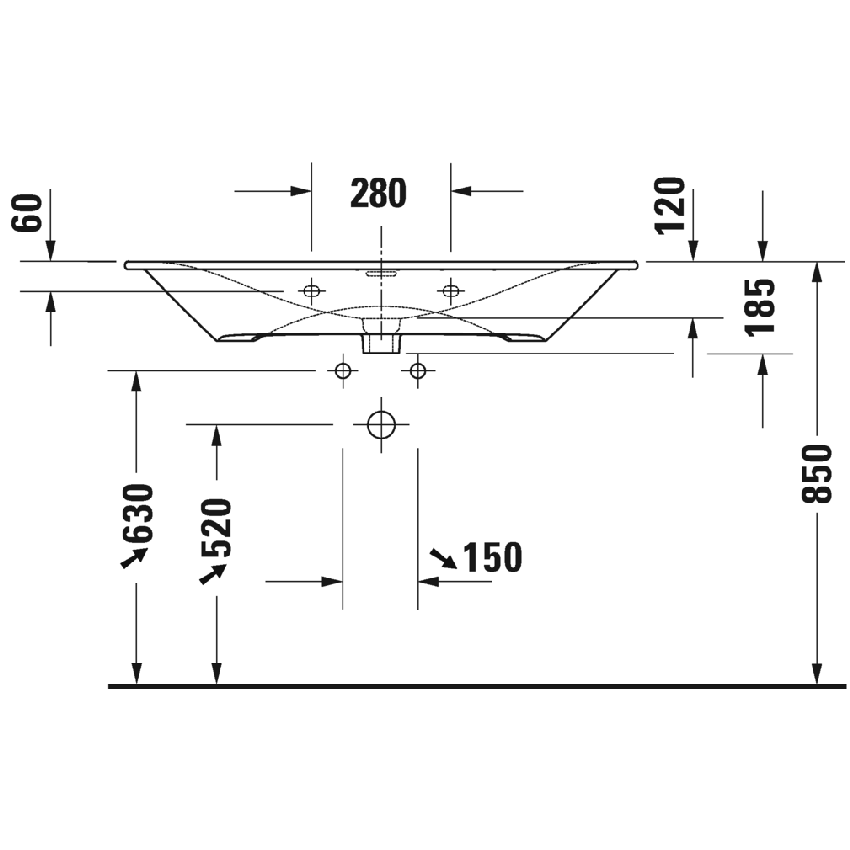 Immagine di Duravit VIU lavabo consolle 103 cm, monoforo, con troppopieno, con bordo per rubinetteria, lato inferiore smaltato, colore bianco 2344100000