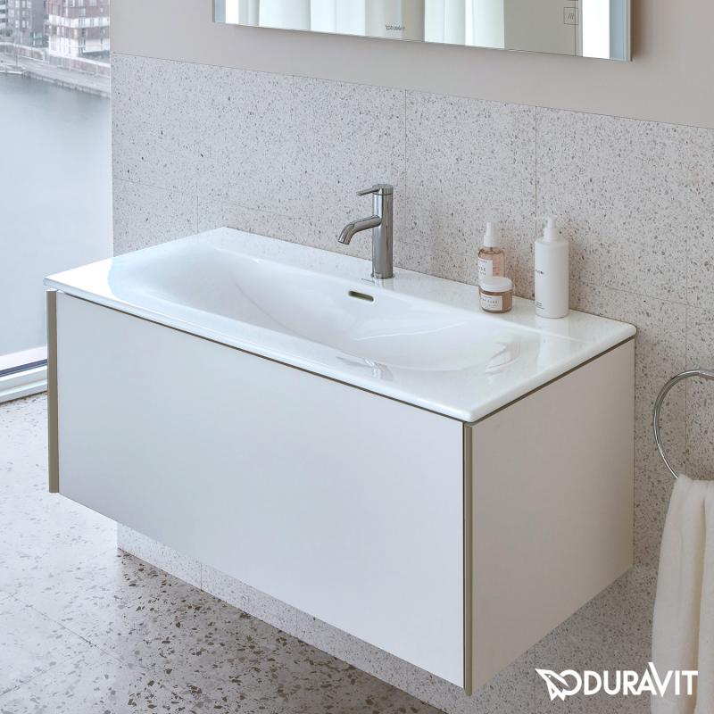 Immagine di Duravit VIU lavabo consolle 103 cm, monoforo, con troppopieno, con bordo per rubinetteria, lato inferiore smaltato, WonderGliss, colore bianco 23441000001