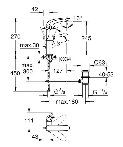Immagine di Grohe EUROSTYLE miscelatore monocomando H.27 cm, per lavabo, con bocca girevole e scarico, finitura cromo 23569003