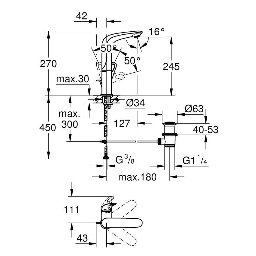 Immagine di Grohe EUROSTYLE miscelatore monocomando H.27 cm, per lavabo, con bocca girevole e scarico, finitura cromo 23569003