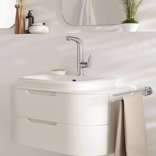 Immagine di Grohe EUROSTYLE miscelatore monocomando H.27 cm, per lavabo, con bocca girevole e scarico, finitura cromo 23569003