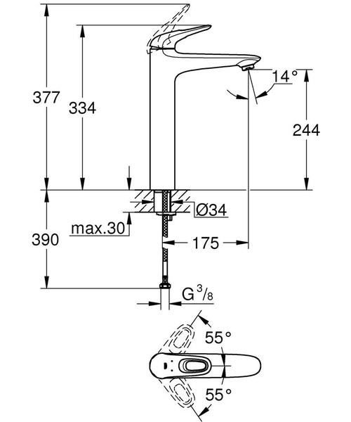 Immagine di Grohe EUROSTYLE miscelatore monocomando H.33 cm, per lavabo, con risparmio idrico, senza scarico, finitura cromo 23570003