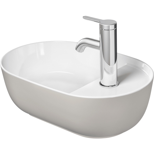 Immagine di Duravit LUV bacinella da appoggio soprapiano 42 cm, monoforo, con rettifica, reversibile, senza troppopieno, con bordo per rubinetteria, WonderGliss, interno colore bianco, esterno colore sabbia finitura opaco 03814221001