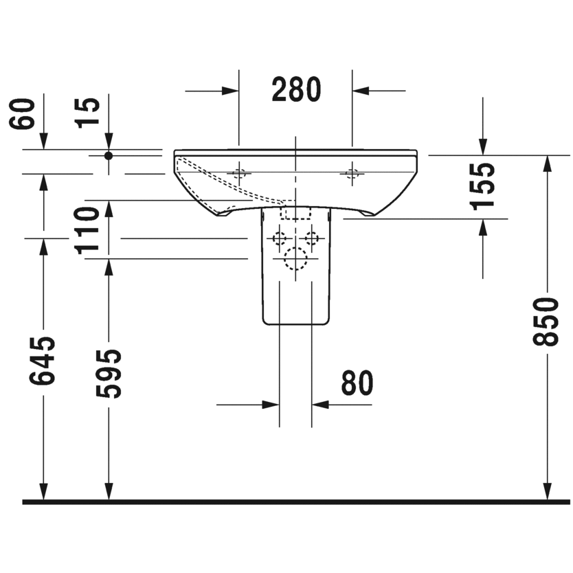 Immagine di Duravit P3 COMFORTS lavabo 60 cm, monoforo, con troppopieno, con bordo per rubinetteria, lato inferiore smaltato, WonderGliss, colore bianco 23316000001