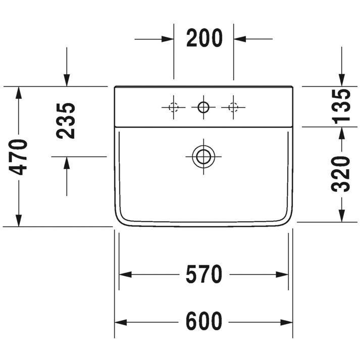 Immagine di Duravit P3 COMFORTS lavabo 60 cm, monoforo, con troppopieno, con bordo per rubinetteria, lato inferiore smaltato, WonderGliss, colore bianco 23316000001