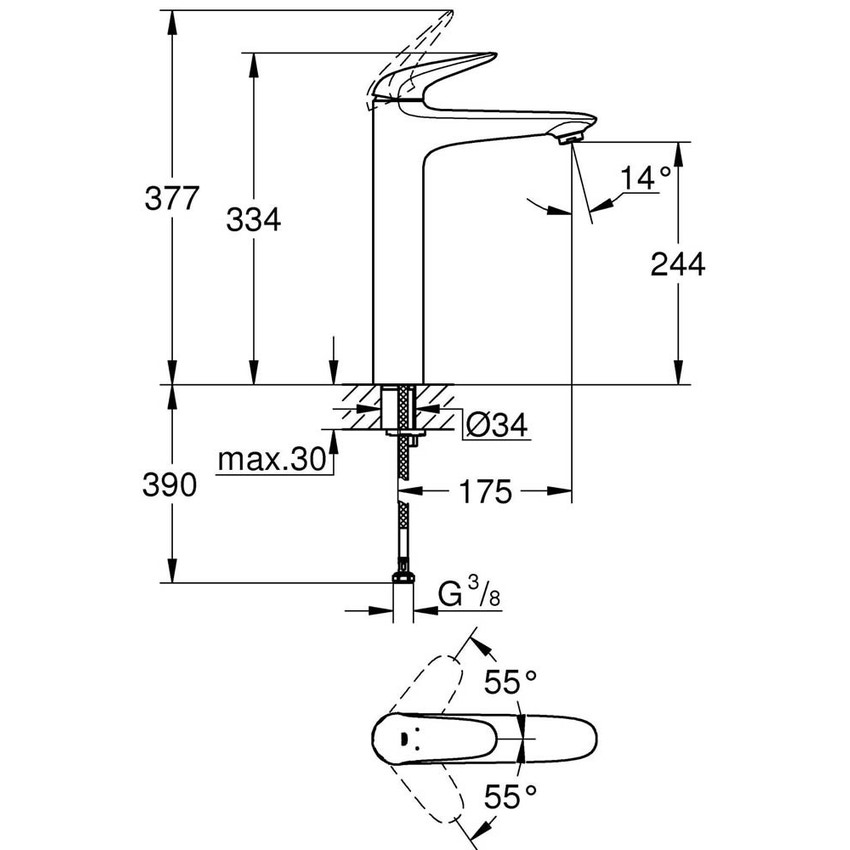 Immagine di Grohe EUROSTYLE miscelatore monocomando H.33 cm, per lavabo, con risparmio idrico, senza scarico, finitura cromo 23719003