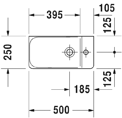 Immagine di Duravit P3 COMFORTS lavamani 50 cm, monoforo, senza troppopieno, con bordo per rubinetteria, lato inferiore smaltato, WonderGliss, colore bianco 07155000001