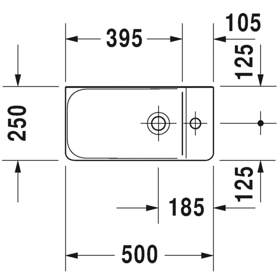 Immagine di Duravit P3 COMFORTS lavamani 50 cm, monoforo, senza troppopieno, con bordo per rubinetteria, lato inferiore smaltato, WonderGliss, colore bianco 07155000001