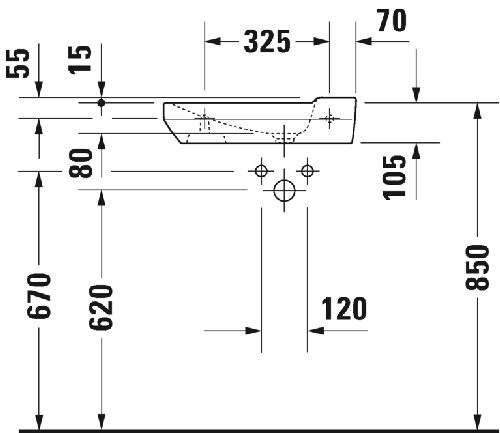 Immagine di Duravit P3 COMFORTS lavamani 50 cm, monoforo, senza troppopieno, con bordo per rubinetteria, lato inferiore smaltato, WonderGliss, colore bianco 07155000001