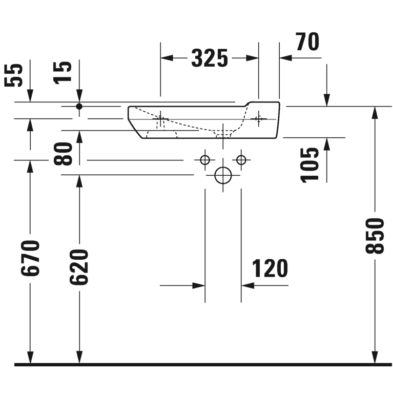 Immagine di Duravit P3 COMFORTS lavamani 50 cm, monoforo, senza troppopieno, con bordo per rubinetteria, lato inferiore smaltato, WonderGliss, colore bianco 07155000001