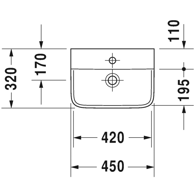 Immagine di Duravit P3 COMFORTS lavamani 45 cm, monoforo, con troppopieno, con bordo per rubinetteria, lato inferiore smaltato, colore bianco 0716450000