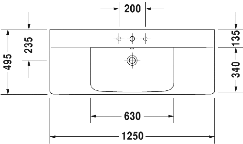 Immagine di Duravit P3 COMFORTS lavabo consolle 125 cm, monoforo, con troppopieno, con bordo per rubinetteria, WonderGliss, colore bianco 23321200001