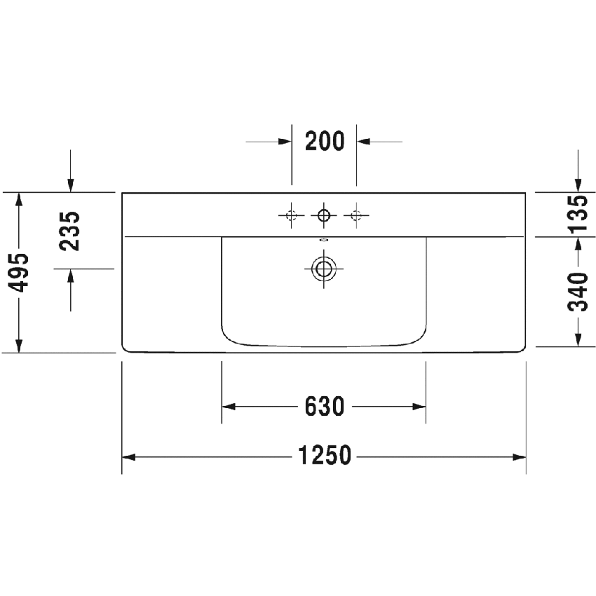 Immagine di Duravit P3 COMFORTS lavabo consolle 125 cm, monoforo, con troppopieno, con bordo per rubinetteria, WonderGliss, colore bianco 23321200001