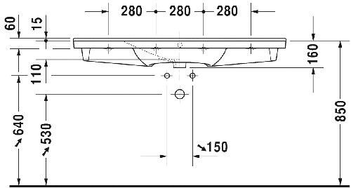 Immagine di Duravit P3 COMFORTS lavabo consolle 125 cm, monoforo, con troppopieno, con bordo per rubinetteria, WonderGliss, colore bianco 23321200001